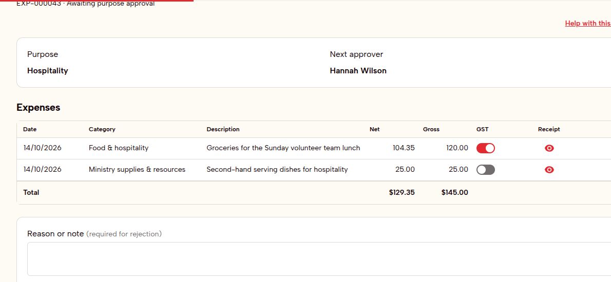A sample report showing read-only expenses, receipt viewing icons, a rejection reason field, and Reject and Approve buttons.