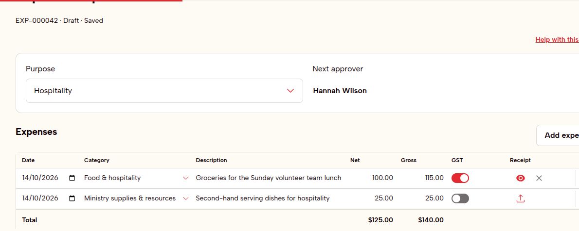 An example expense report with sample expenses, Net and Gross amounts, GST switches, receipt icons, and Save and Submit buttons.